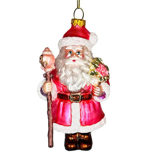 pink santa with sceptor and flowers glass ornament