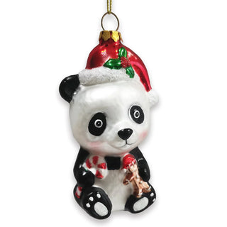 cute panda with santa hat and gift glass ornament