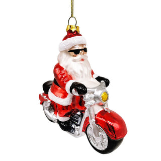 motorcycle santa cruising glass christmas ornament