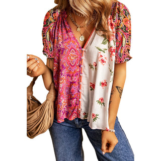 multicolour boho floral patchwork buttoned short sleeve blouse