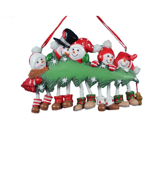snowman family of 5 with christmas tree