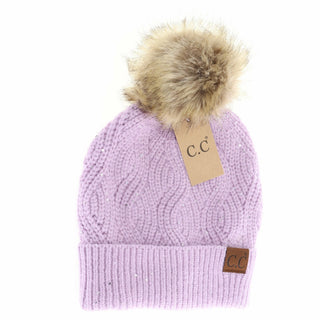 sequin brioche cable knit fur pom beanie - orchid flower