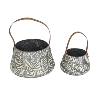 langford rustic metal storage basket with leather handle - assorted