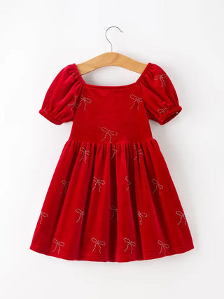 girl's red velvet rhinestone bow dress
