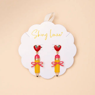 pencil shaped enamel post earrings with red heart and bow -assorted