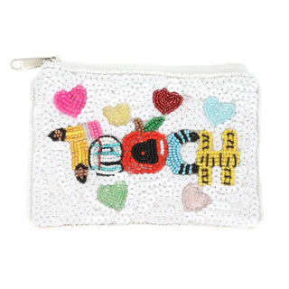 'teach' sequin beaded embroidered coin bag