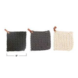crochet pot holder with leather strap - assorted