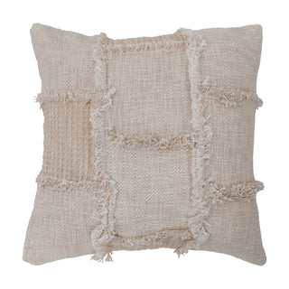 18" woven cotton & wool patchwork pillow with frayed edges