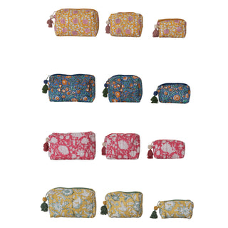 quilted cotton voile block-printed zip pouches- assorted sizes and colors