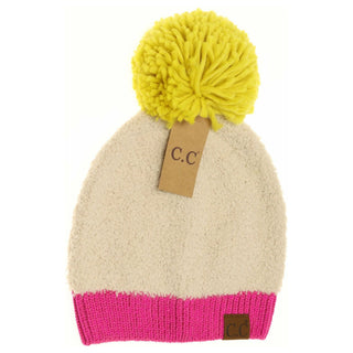 color block knitted sherpa pom beanie - beige