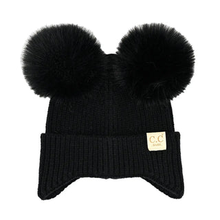 baby ear flap double pom beanie - black