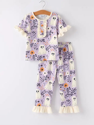 halloween ghost floral print pajamas - purple