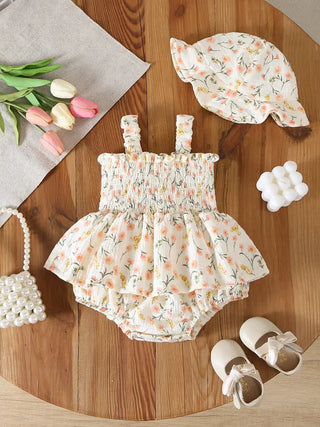 muslim summer ditsy floral smocked baby girl romper & hat set