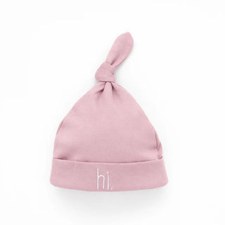 "hi." embroidered rosy pink cotton knit baby beanie