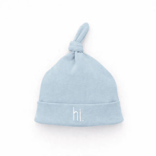 "hi." embroidered surf blue knotted baby hat