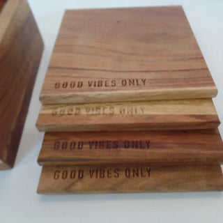 good vibes only stamped wood coasters, set of 4