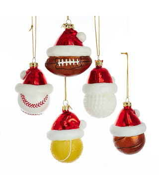 3" noble gems sports ball with santa hat glass ornaments - assorted