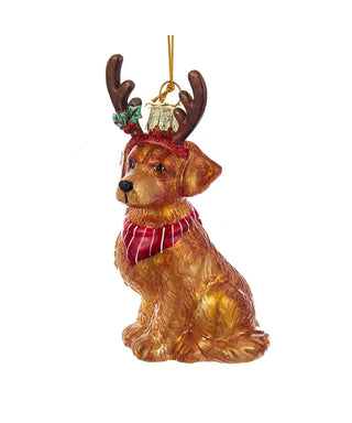 4" noble gems golden retriever with antlers glass ornament