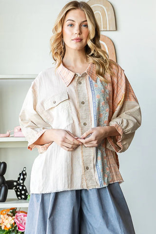 patchwork button front shirt- pink