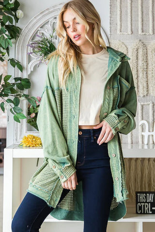 washed mix media button down hooded shacket