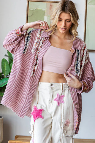 ruffle contrast detail striped button-down shirt