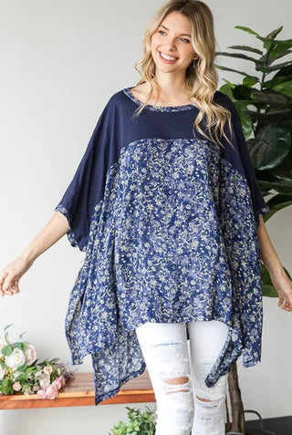 contrast yoke printed short sleeve oversized top