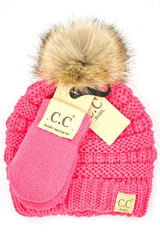 baby solid knit faux fur pom beanie with mitten set - assorted