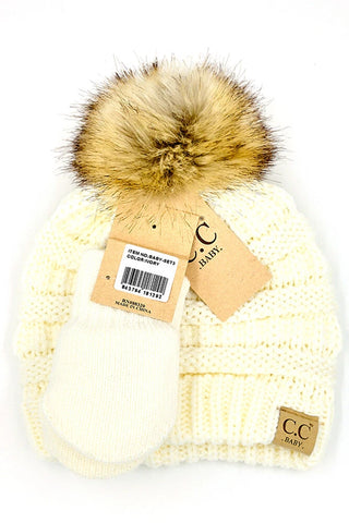 baby solid knit faux fur pom beanie with mitten set - assorted
