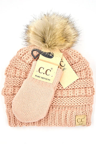 baby solid knit faux fur pom beanie with mitten set - assorted