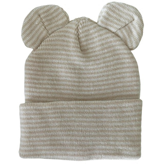 baby's first hat - sand/white stripe bear
