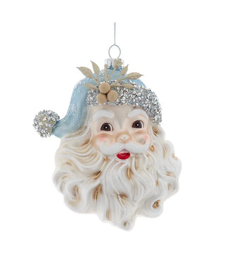 glass blue & platinum santa head ornament