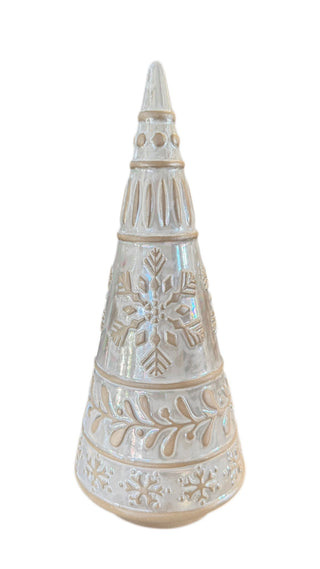 ceramic iridescent tree with snowflake design